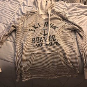 Grey and white striped Lake Tahoe sweatshirt